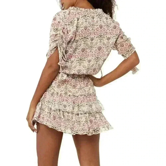 MISA Ruffled Mini Dress Floral Becca Tiered Lace Tassel White Pink XL $350 NWT - Picture 3 of 7